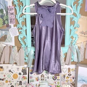 Iz Byer California Lavender Satin Tie Neck Blouse Top Shirt Chiffon Ruffle Sz.XS